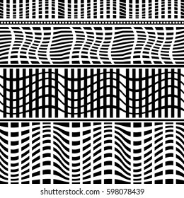 Set of seamless geometric borders. Abstract wavy vector patterns. Ethnic textile collection. Black, white.