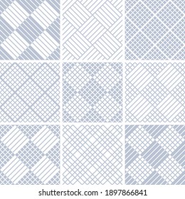 Set of seamless geometric checked blue patterns. Vector art.