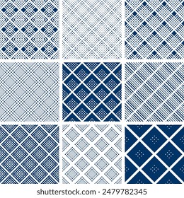 Set of Seamless Geometric Checked, Dots and Striped Blue Patterns. Vector Art.
