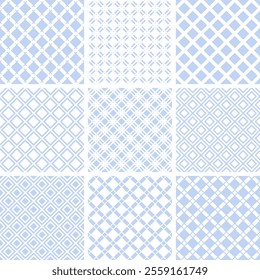 Set of Seamless Geometric Checked Light Blue Patterns. Vector Art.