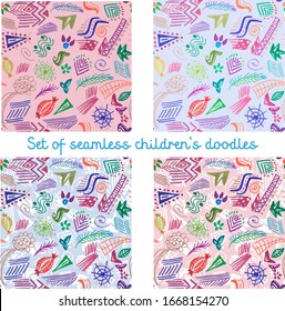 Set of seamless geometric doodles vector print. Cartoon pencil. Chalk drawing. Baby painting seamless pattern. Minimalistic background. Toddler Doodle. School pictures. Vector seamless background.