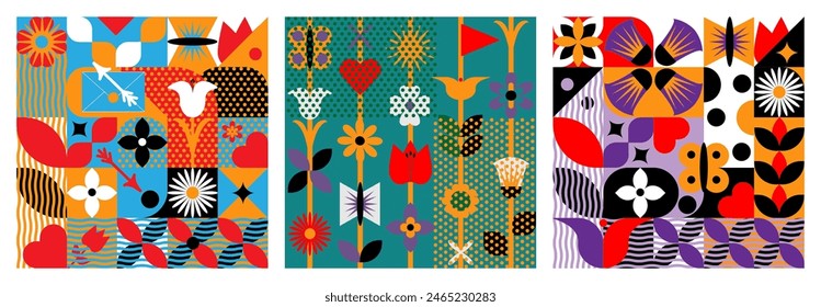 A set of seamless geometric floral patterns.