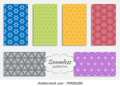 Set of seamless geometric lace patterns, repeating texture. Vector colorful seamless backgrounds. Tribal ethnic arabic, indian, mexican ornament. Textile fabric print, fashion collection