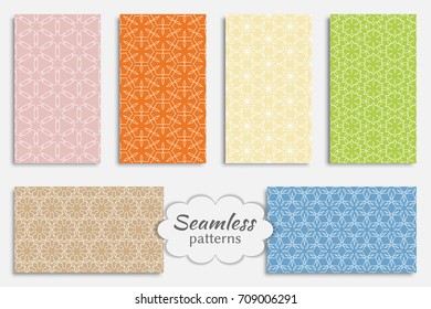 Set of seamless geometric lace patterns, repeating texture. Vector colorful seamless backgrounds. Tribal ethnic arabic, indian, mexican ornament. Textile fabric print, fashion collection
