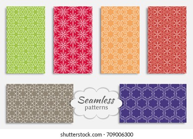 Set of seamless geometric lace patterns, repeating texture. Vector colorful seamless backgrounds. Tribal ethnic arabic, indian, mexican ornament. Textile fabric print, fashion collection