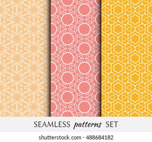 Set of seamless geometric line pattern in arabian style, ethnic ornament. Hexagonal endless lace texture for wallpaper, banners, invitation cards. Graphic backgrounds collection