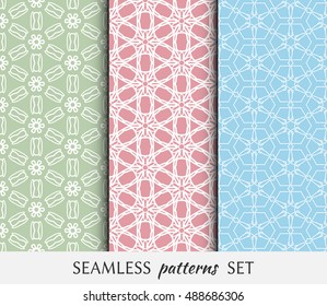 Set of seamless geometric line pattern in arabian style, ethnic ornament. Hexagonal endless lace texture for wallpaper, banners, invitation cards. Graphic backgrounds collection
