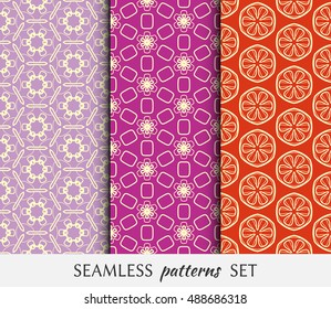 Set of seamless geometric line pattern in arabian style, ethnic ornament. Hexagonal endless lace texture for wallpaper, banners, invitation cards. Graphic backgrounds collection