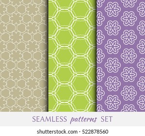 Set of seamless geometric line patterns in arabian style, ethnic ornament. Hexagonal endless lace texture for wallpaper, banners, invitation cards. Colorful seamless backgrounds collection