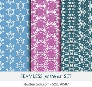 Set of seamless geometric line patterns in arabian style, ethnic ornament. Hexagonal endless lace texture for wallpaper, banners, invitation cards. Colorful seamless backgrounds collection