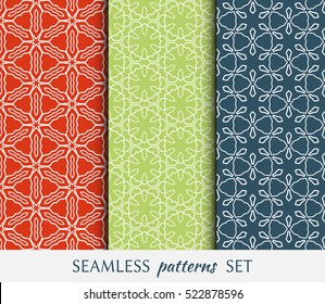 Set of seamless geometric line patterns in arabian style, ethnic ornament. Hexagonal endless lace texture for wallpaper, banners, invitation cards. Colorful seamless backgrounds collection