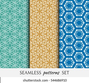 Set of seamless geometric line patterns in arabian style, ethnic ornament. Hexagonal endless lace texture for wallpaper, banners, invitation cards. Colorful seamless backgrounds collection