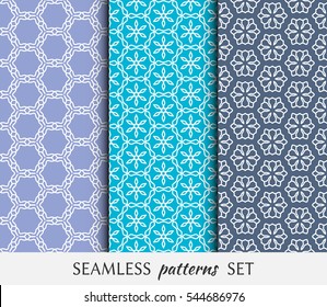 Set of seamless geometric line patterns in arabian style, ethnic ornament. Hexagonal endless lace texture for wallpaper, banners, invitation cards. Colorful seamless backgrounds collection