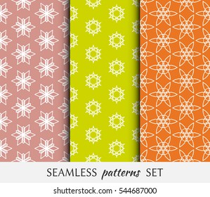 Set of seamless geometric line patterns in arabian style, ethnic ornament. Hexagonal endless lace texture for wallpaper, banners, invitation cards. Colorful seamless backgrounds collection