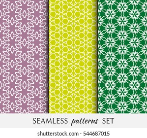 Set of seamless geometric line patterns in arabian style, ethnic ornament. Hexagonal endless lace texture for wallpaper, banners, invitation cards. Colorful seamless backgrounds collection