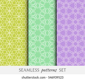 Set of seamless geometric line patterns in arabian style, ethnic ornament. Hexagonal endless lace texture for wallpaper, banners, invitation cards. Graphic seamless backgrounds collection