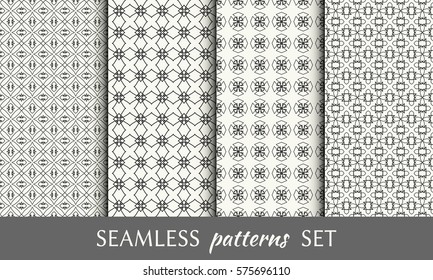 Set of seamless geometric line patterns. Endless linear trendy graphic texture for wallpaper, packaging, pattern fill, invitation, card, banner, flyer, fabric . Black and white seamless backgrounds