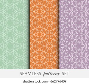 Set of seamless geometric line patterns in arabian style, ethnic ornament. Hexagonal endless lace texture for wallpaper, banners, invitation cards. Graphic seamless backgrounds collection