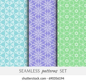 Set of seamless geometric line patterns in arabian style, ethnic ornament. Hexagonal endless lace texture for wallpaper, banners, invitation cards. Graphic seamless backgrounds collection