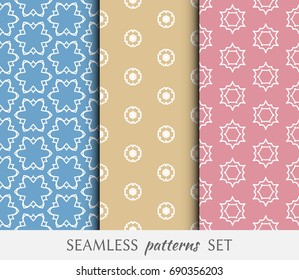 Set of seamless geometric line patterns in arabian style, ethnic ornament. Hexagonal endless lace texture for wallpaper, banners, invitation cards. Graphic seamless backgrounds collection