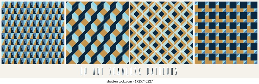 Set of seamless geometric op art patterns. Abstract background set. 3D geometric design.