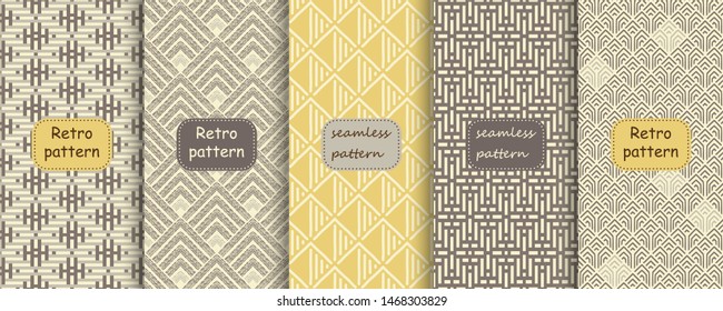 Set of Seamless geometric pattern in art deco style. Hand drawn lines in retro colors. Design in art deco style for ceramic tile, wallpaper, linoleum, textile, web page background. 