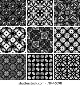 Set seamless geometric pattern, black and white wallpaper
