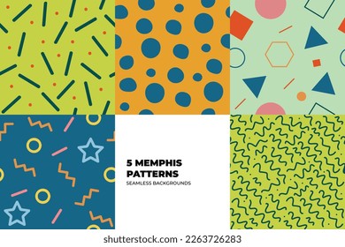 Set of seamless geometric pattern with colored elements. Abstract background. Checkerboard, Stars, Herringbone, Stripes and Stationery Modern Patterns for fabric design. Vector illustration