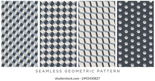 Set of seamless geometric pattern. Cube and rectangle shape textures with optical illusion effect.