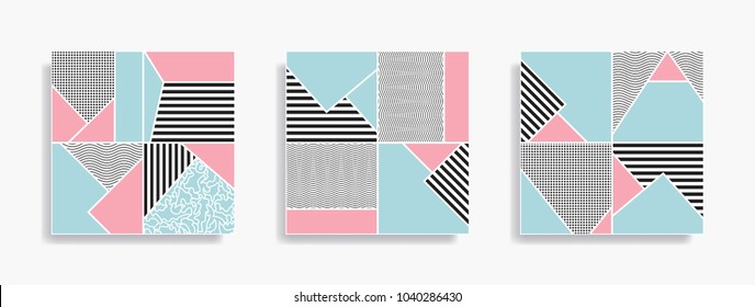 Set of seamless geometric pattern. Memphis design. 80s and 90s retro style. Colorful composition for posters, banners. Abstract fashion background. Modern elegant wallpaper. Vector illustration EPS10.