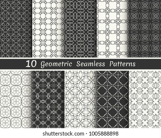 Set of seamless geometric patterns. Black and white line backgrounds collection. Endless repeating linear texture for wallpaper, packaging, banners, invitations, business cards, fabric print