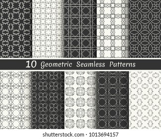 Set of seamless geometric patterns. Black and white line backgrounds collection. Endless repeating linear texture for wallpaper, packaging, banners, invitations, business cards, fabric print