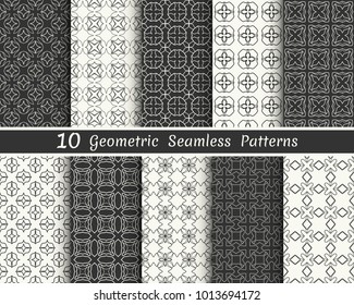 Set of seamless geometric patterns. Black and white line backgrounds collection. Endless repeating linear texture for wallpaper, packaging, banners, invitations, business cards, fabric print