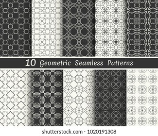 Set of seamless geometric patterns. Black and white line backgrounds collection. Endless repeating linear texture for wallpaper, packaging, banners, invitations, business cards, fabric print
