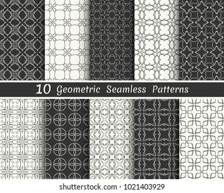 Set of seamless geometric patterns. Black and white line backgrounds collection. Endless repeating linear texture for wallpaper, packaging, banners, invitations, business cards, fabric print