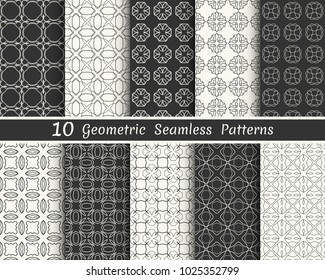 Set of seamless geometric patterns. Black and white line backgrounds collection. Endless repeating linear texture for wallpaper, packaging, banners, invitations, business cards, fabric print