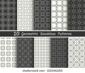 Set of seamless geometric patterns. Black and white line backgrounds collection. Endless repeating linear texture for wallpaper, packaging, banners, invitations, business cards, fabric print