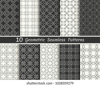 Set of seamless geometric patterns. Black and white line backgrounds collection. Endless repeating linear texture for wallpaper, packaging, banners, invitations, business cards, fabric print