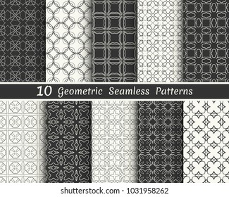 Set of seamless geometric patterns. Black and white line backgrounds collection. Endless repeating linear texture for wallpaper, packaging, banners, invitations, business cards, fabric print