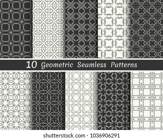 Set of seamless geometric patterns. Black and white line backgrounds collection. Endless repeating linear texture for wallpaper, packaging, banners, invitations, business cards, fabric print
