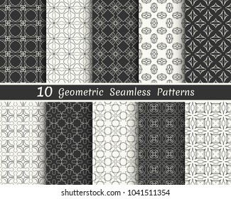 Set of seamless geometric patterns. Black and white line backgrounds collection. Endless repeating linear texture for wallpaper, packaging, banners, invitations, business cards, fabric print