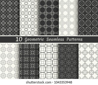 Set of seamless geometric patterns. Black and white line backgrounds collection. Endless repeating linear texture for wallpaper, packaging, banners, invitations, business cards, fabric print