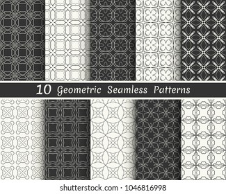 Set of seamless geometric patterns. Black and white line backgrounds collection. Endless repeating linear texture for wallpaper, packaging, banners, invitations, business cards, fabric print