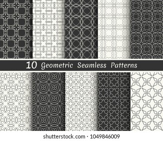Set of seamless geometric patterns. Black and white line backgrounds collection. Endless repeating linear texture for wallpaper, packaging, banners, invitations, business cards, fabric print
