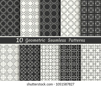 Set of seamless geometric patterns. Black and white line backgrounds collection. Endless repeating linear texture for wallpaper, packaging, banners, invitations, business cards, fabric print