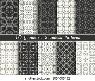 Set of seamless geometric patterns. Black and white line backgrounds collection. Endless repeating linear texture for wallpaper, packaging, banners, invitations, business cards, fabric print