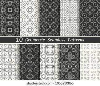 Set of seamless geometric patterns. Black and white line backgrounds collection. Endless repeating linear texture for wallpaper, packaging, banners, invitations, business cards, fabric print
