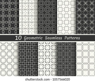 Set of seamless geometric patterns. Black and white line backgrounds collection. Endless repeating linear texture for wallpaper, packaging, banners, invitations, business cards, fabric print