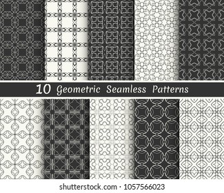 Set of seamless geometric patterns. Black and white line backgrounds collection. Endless repeating linear texture for wallpaper, packaging, banners, invitations, business cards, fabric print