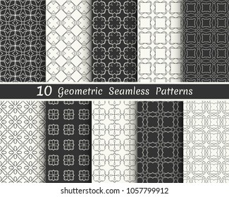 Set of seamless geometric patterns. Black and white line backgrounds collection. Endless repeating linear texture for wallpaper, packaging, banners, invitations, business cards, fabric print